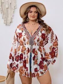 SHEIN CURVE+ 大码女士度假针织网纱复古花卉图案V领长袖喇叭袖前系带蝴蝶结A字衬衫 - 彩色 - 查看 3