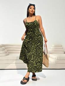 SHEIN EZwear 大码豹纹吊带连衣裙，腰部系带可调节，配有隐形拉链，适合春夏穿着。 - 軍綠色 - 查看 6