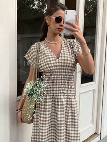 Elyressa 优雅夏季长款格纹编织连衣裙（女款） - 棕色 - 查看 7