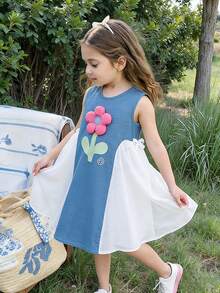 SHEIN Elladie kids 小女孩可爱甜美3D立体花朵无袖连衣裙，3D立体剪裁设计休闲连衣裙，适合花园、日常玩耍或上学穿着。 - 藍色 - 查看 5