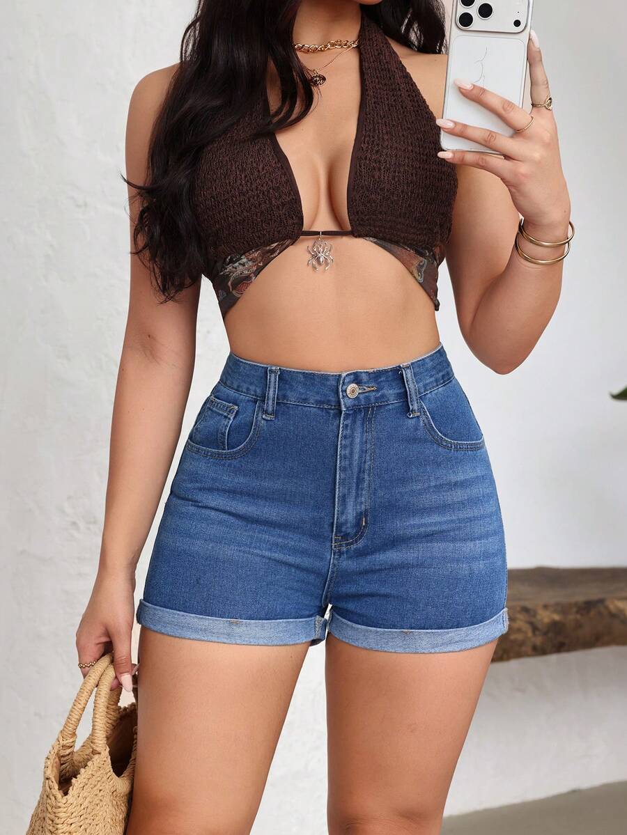SHEIN EZwear 女士休闲日常口袋纽扣牛仔短裤 - 藍色 - 查看 1