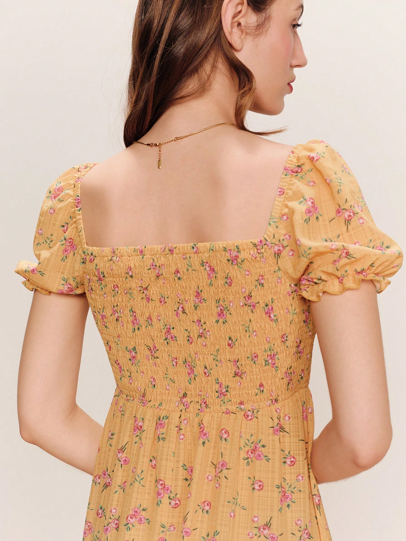 Yellow Shirred Chest Pink Floral Print Dress With Square Neckline And Puff Sleeves Vintage Style Spring Summer French Style Parisian Style Holiday Dress Vacation Dress