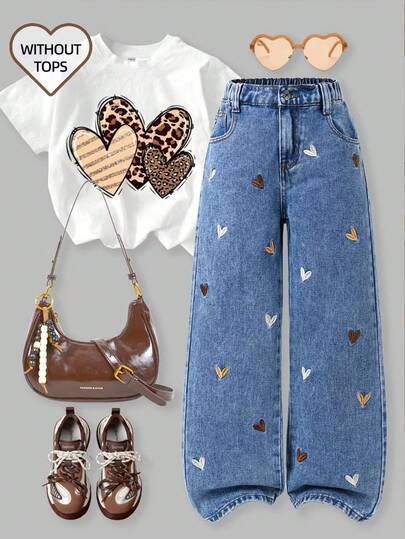SHEIN Jeans de pierna ancha con bordado de corazón, estilo casual y holgado, estética Y2K para niñas preadolescentes, adecuado para salidas diarias, escuela, transporte, temporada de regreso a clases