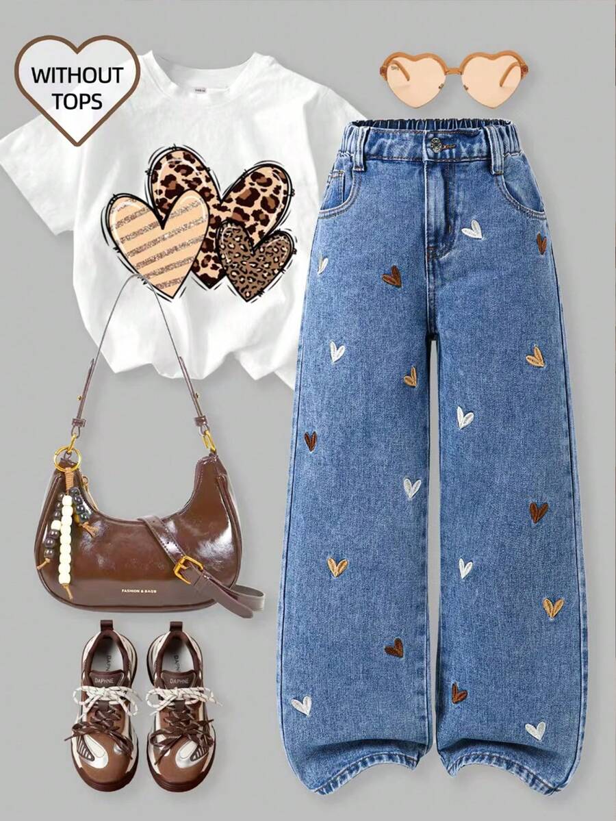 SHEIN Quần jeans ống rộng dáng suông phong cách Y2K dành cho bé gái tuổi teen, thêu hình trái tim, thích hợp cho đi chơi hàng ngày, đi học, đi làm và mùa tựu trường. - Rửa trung bình - Xem 1