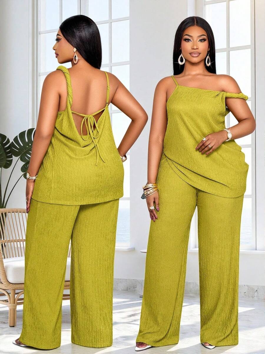 SOLERSUN 大码女装春夏时尚优雅性感休闲度假两件套，吊带背心长款上衣，不对称单肩设计，扭褶露背摆领，搭配长款阔腿裤，纯色草绿色针织面料，适合日常穿着、购物、约会、返校季、音乐节、海滩派对、圣帕特里克节、婚礼宾客等场合。 - 綠色 - 查看 1