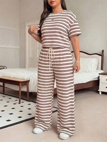 SHEIN EZwear Plus Size Brown Striped T-Shirt And Pants Casual 2 Pieces Set, Summer - Red - View 5