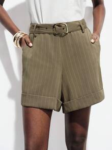 Aveloria Modichic Women's Pinstripe Suiting High Waisted A-Line Shorts With Matching Belt,Khaki,Summer,Chic,Office Business Casual Retro Cuffed Hem Invisible Zipper - Khaki - View 5
