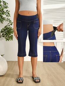 SHEIN Quần jean denim màu tối thời trang dành cho bà bầu - Rửa tối - Xem 1