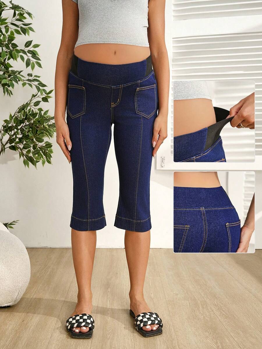SHEIN Quần jean denim màu tối thời trang dành cho bà bầu - Rửa tối - Xem 1