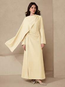 Graceveil 女士可拆卸披肩领优雅连衣裙，棕色长袖二合一连衣裙 - 杏色 - 查看 6