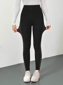 SHEIN Tall 女士时尚通勤亮片拼接打底裤 冬季女装 秋季女装 圣诞节时尚女裤 圣诞节、秋季、女士秋装 新年服装 - 黑色 - 查看 4