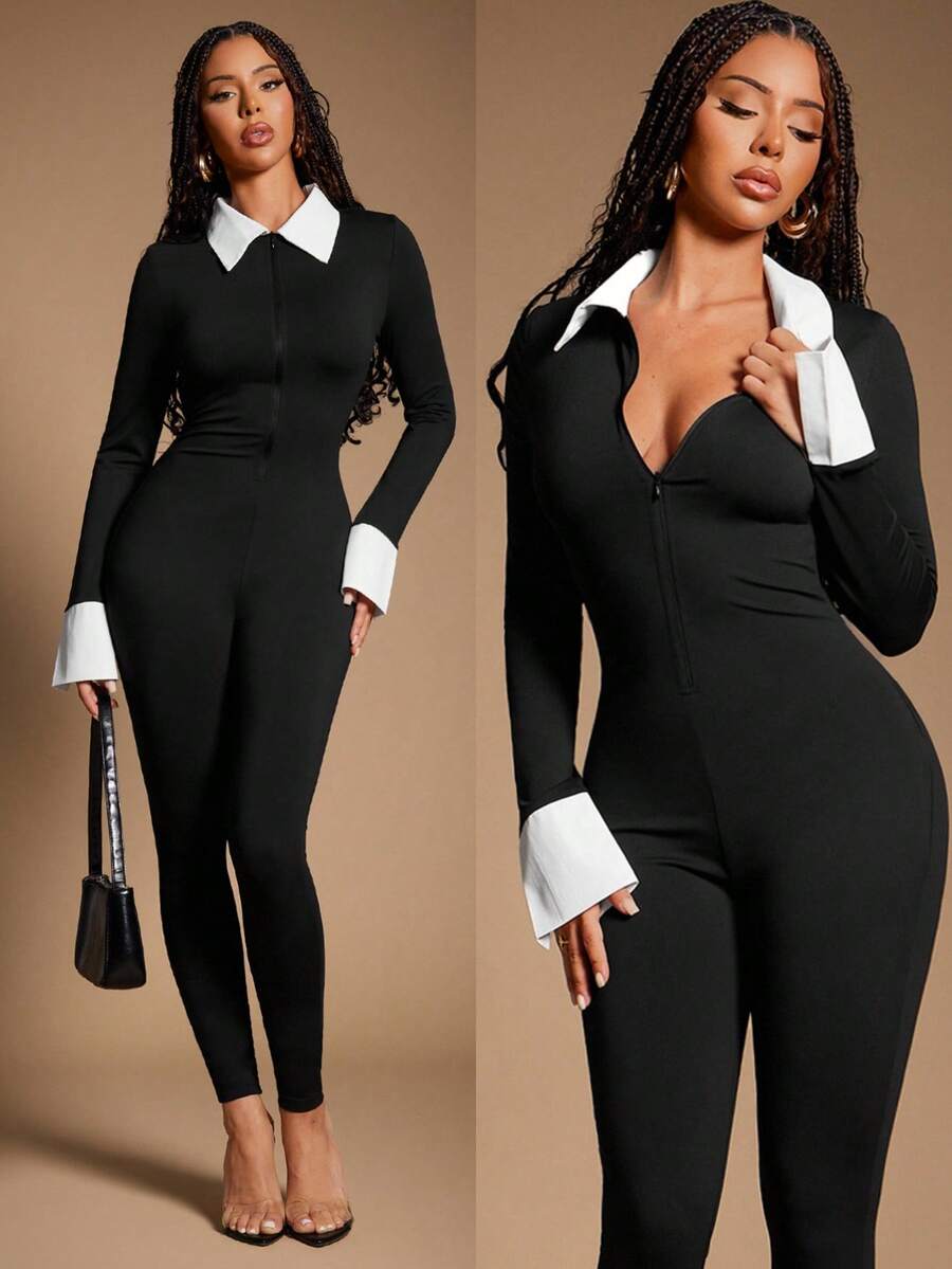 Radiana Women's Sexy Casual Minimalist Fashion Black & White Contrast Color Jumpsuit, Shirt-Style 2 In 1 Long Sleeve Jumpsuit, Casual Wear, Business Attire, Office Wear, Autumn/Winter Base Layer, Suitable For Daily Outings, Office, Commuting, Gatherings ,Sexy Jumpsuits, Bodycon Jumpsuit, Tall Curve, Long Sleeve Jumpsuit Women Bodysuits For Women Full Body Suit - Black and White - View 1