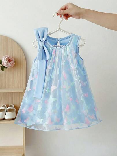 Elladie kids Baby Girl's Solid Color Round Neck Sleeveless A-Line Mesh Tulle Dress. Detachable 3D Bow On The Shoulders. Classic A-Line Silhouette Suitable For Various Baby Body Types. Perfect For Birthday Parties, Weddings, Graduations, Daily Outings, Picnics, And Photo Shoots - Instantly Become The Center Of Attention With A High-End, Filter-Like Look.