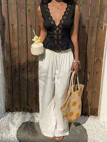 Aloruh Elegant Sexy Solid Color Lace Patchwork Sleeveless Top, Summer,Summer Top - Black - View 8