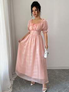 Selianne Women's Dusty Pink Summer Elegant Wedding Ninang Dress,Square Neck Tie Front Ruffle Hem Puff Sleeve Waist Fit Flare Elegant Fashion Retro High-End - Coral Pink - View 6