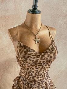 Soleia 大码女式棕色豹纹荷叶边领口层叠荷叶边下摆吊带连衣裙 - 彩色 - 查看 7