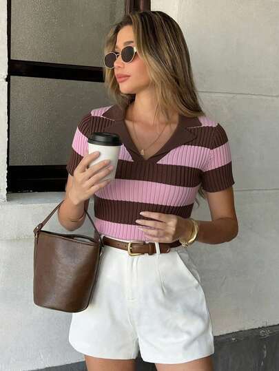 Pariaura Blusa de punto con cuello polo a rayas de contraste, estilo de calle francés de manga corta para el verano