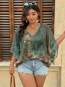 SHEIN VCAY Bohemian Green Floral Print V-Neck Blouse, Suitable For Summer, Plus Size Fall - White - View 7