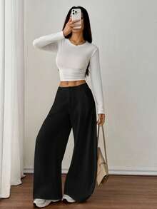 SHEIN PETITE Women's Casual Wide Leg Flare Pants - Black - View 8