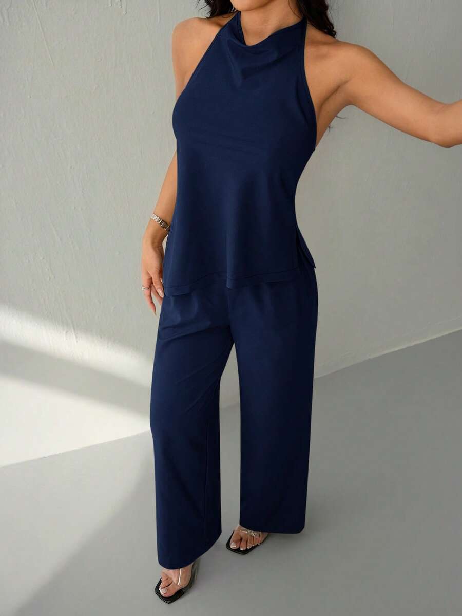 SHEIN PETITE 女士纯色简约日常穿搭无袖上衣和裤子两件套 - 藏蓝色 - 查看 1