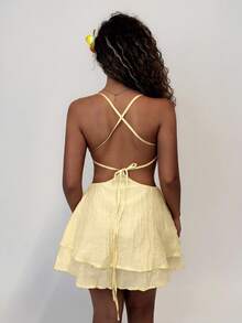 Amplova Women's Solid Color Spaghetti Strap Hollow Back Criss-Cross Ruffled Hem Mini Dress, Fashionable Summer,Summer Dresses For Women - Apricot - View 8