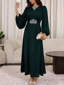 Veilorie Đầm dạ hội sang trọng mới, đính đá lấp lánh, xếp ly eo, kiểu dáng thanh lịch. - Màu xanh lá cây đậm - Xem 5