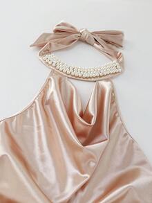 SHEIN Franclia Đầm dài thanh lịch dành cho nữ với cổ áo kiểu dây chuyền, đính hạt cườm, eo khoét sâu và thiết kế xếp ly. - Rượu sâm banh - Xem 7