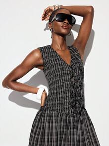 Aveloria GENKIRA Black And White Checkered Summer Chic Everyday Women's Plaid Maxi Dress V-Neck Sleeveless Ruched Tie-Front A-Line Smocked Waist Retro Zanzea Dress - Black - View 5