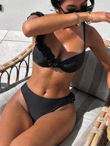 Swim SXY 纯色3D立体花卉装饰钢圈吊带泳衣 - 黑色 - 查看 3