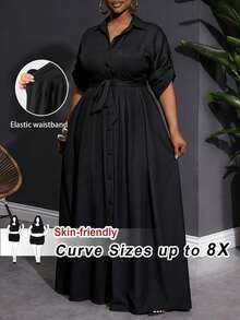 SHEIN CURVE+ 大码夏季简约通勤衬衫领插肩袖衬衫裙 - 黑色 - 查看 1