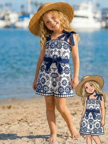 SHEIN Young Girl Woven Contrast Ditsy Floral Camisole Romper - Blue - View 1