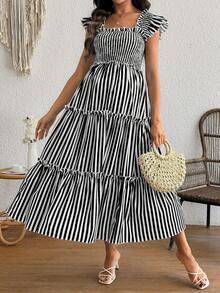 SHEIN Black And White Striped Summer Casual Maternity Photoshoot Dress,Shirred Flutter Sleeve Zebra Vacation Dress,Chic Resort Wear,Business Casual Dress - Black - View 3
