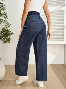 SHEIN Quần jeans bầu màu xanh dương kiểu dáng thường ngày, thêu nơ, thời trang cho mùa xuân và mùa hè. - Màu xanh lam - Xem 2