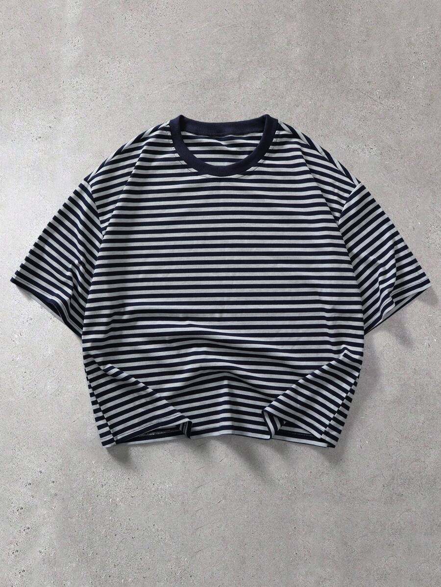 STYNVO Men's Striped Crew Neck Casual Loose Short Sleeve T-Shirt - Royal Blue - View 1