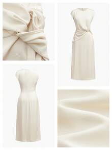 Maija 杏色缎面圆领短袖中长连衣裙，现代都市风格 - 杏色 - 查看 8