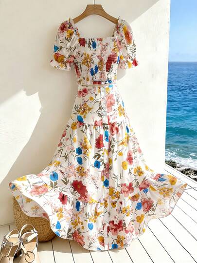 GlowEve Women's Elegant Fashion Commuter Casual Comfortable Charming Retro Minimalist High-End Romantic Holiday Ruffle Puff Sleeve Square Collar Ruffle Trim Waist Cinched Blouse With Decorative Button Flared Hem A-Line Skirt Set