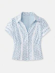 lacRébo Blusa ajustada con estampado floral de cuadros con cuello ribeteado de encaje, estilo francés primavera-verano estilo parisino - Azul - Ver 6
