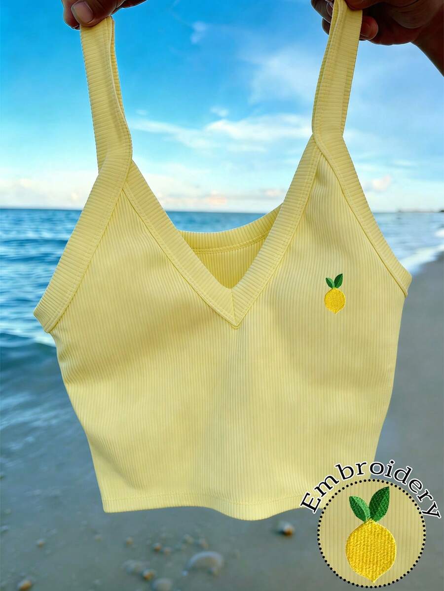 INAWLY Dây đeo mùa hè dành cho nữ, độ co giãn cao và thoải mái, họa tiết thêu chanh bán chạy nhất. - Màu vàng - Xem 1