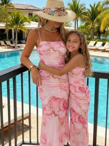 SHEIN Teen Girl Floral Print Mesh Ruched Cami Dress,Kids - Pink - View 10