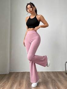SHEIN EZwear 女士粉色针织修身喇叭裤，夏季阔腿裤，女士高腰阔腿裤，女士喇叭瑜伽裤，女士喇叭打底裤，阔腿瑜伽裤 - 粉色 - 查看 3