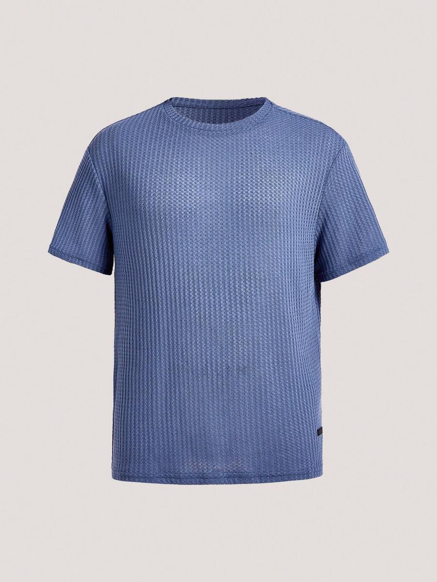 Loose Fit Men's Solid Waffle Knit Round Neck Casual T-Shirt - Dusty Blue - View 1