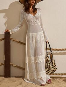 Ecru Knit Dress With Tiered Skirt Detail - Cream - View 1