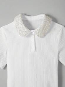 Lyxana Women's Fashion Pearl Decor Turndown Collar Button Half-Placket Short Sleeve T-Shirt - White - View 3