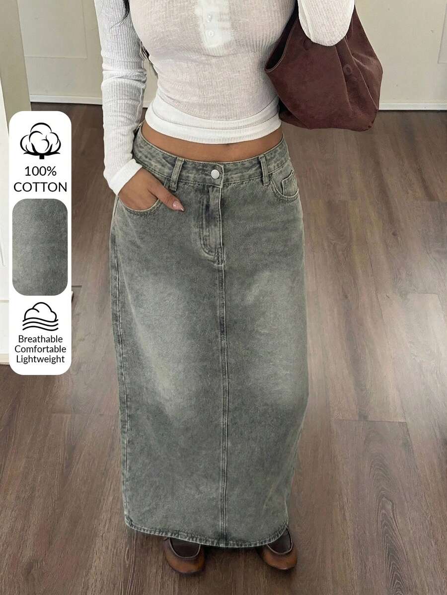 Aloruh Chân váy chữ A bằng vải denim mài bạc màu dáng rộng dành cho nữ, có túi xéo, thích hợp cho mùa hè.