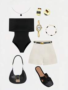 GlowEve 1 Set Black Off-Shoulder Jumpsuit & Beige Shorts, Elegant Women's 2 Pieces Set (Including Belt) - Beige - View 1