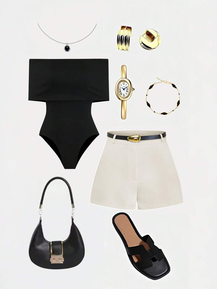 GlowEve 1 Set Black Off-Shoulder Jumpsuit & Beige Shorts, Elegant Women's 2 Pieces Set (Including Belt) - Beige - View 1