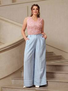 VOLUPTÉ CURVE Pantalon ample grande taille printemps/été, seulement pantalon décontracté minimaliste à rayures verticales bleu clair taille haute ample patchwork, convient pour le travail et le port quotidien - Bleu azur - Voir 7