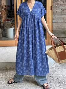 FRIFUL 女士碎花V领休闲短袖连衣裙夏日波西米亚风度假装扮 - 藍色 - 查看 3