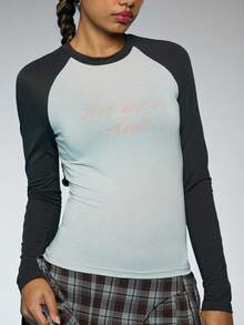 COUREZ Long Sleeve Raglan T-Shirt With Front Slogan Print /Y2K Spring For Women Cute Top Slogan Top Long Sleeve Summer Top Going Out - Grey - View 4