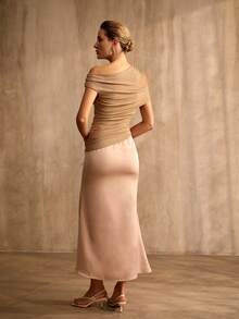 MOTF PREMIUM WOMEN'S ASYMMETRIC SHOULDER PATCHWORK PARTY LONG DRESS, SPRING/SUMMER - Champagne - View 6